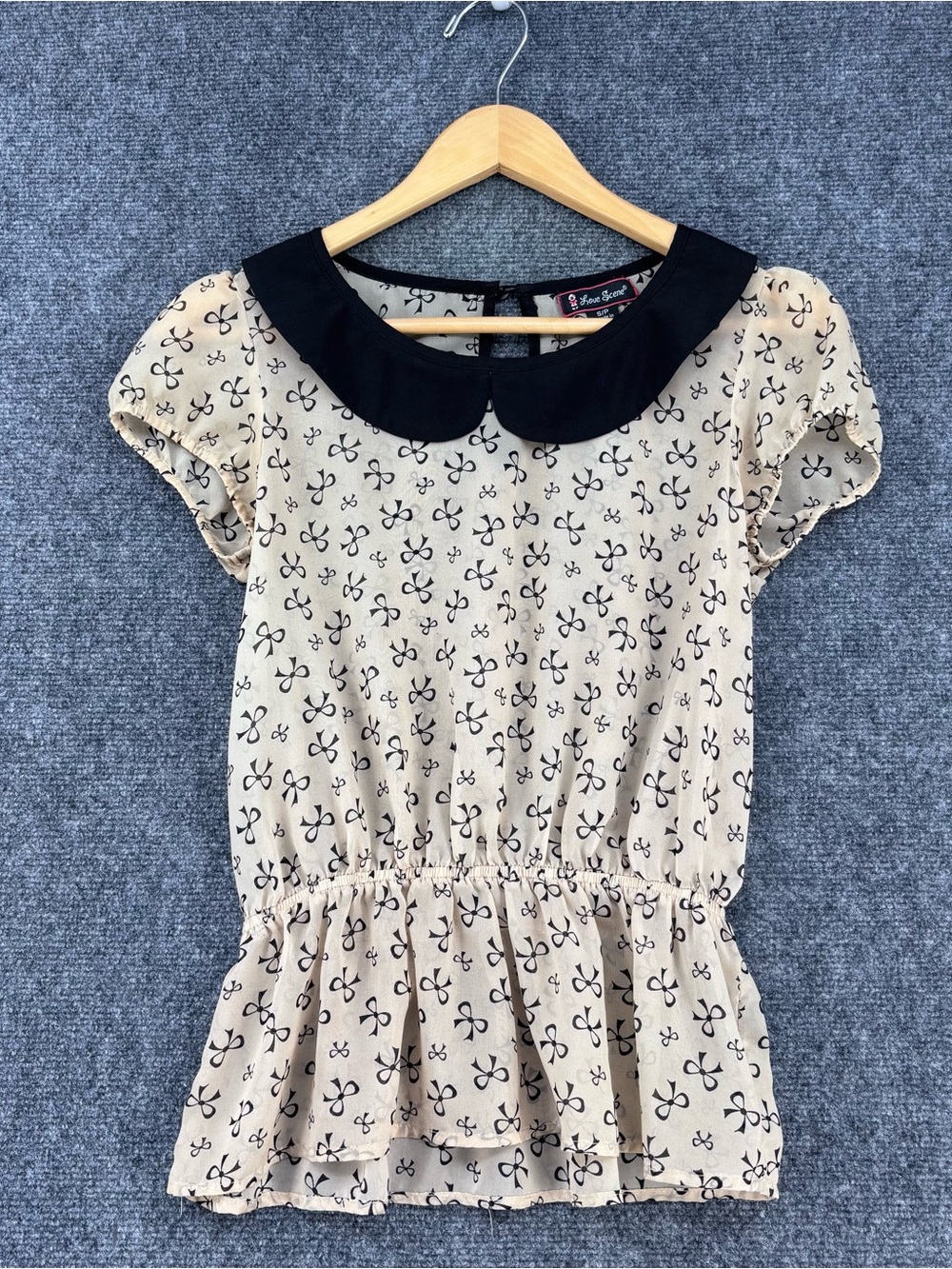 Love Scene Beige Black Bow Print Sheer Top Peter Pan Collar Size S Coquette Twee